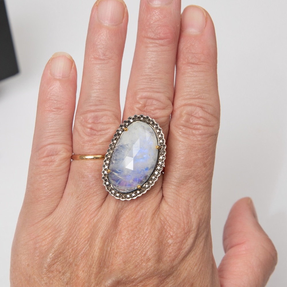 Large moonstone ring with champagne diamonds Rarities Carol Brodie size 10